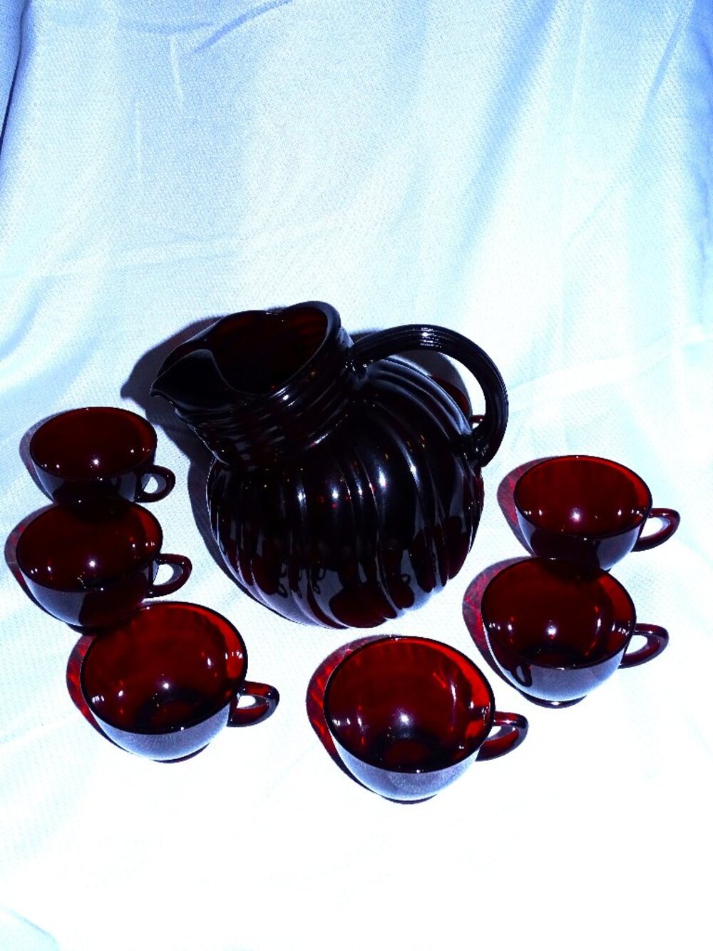 Vintage Ruby Red Roly Poly Pitcher with 6 Cups